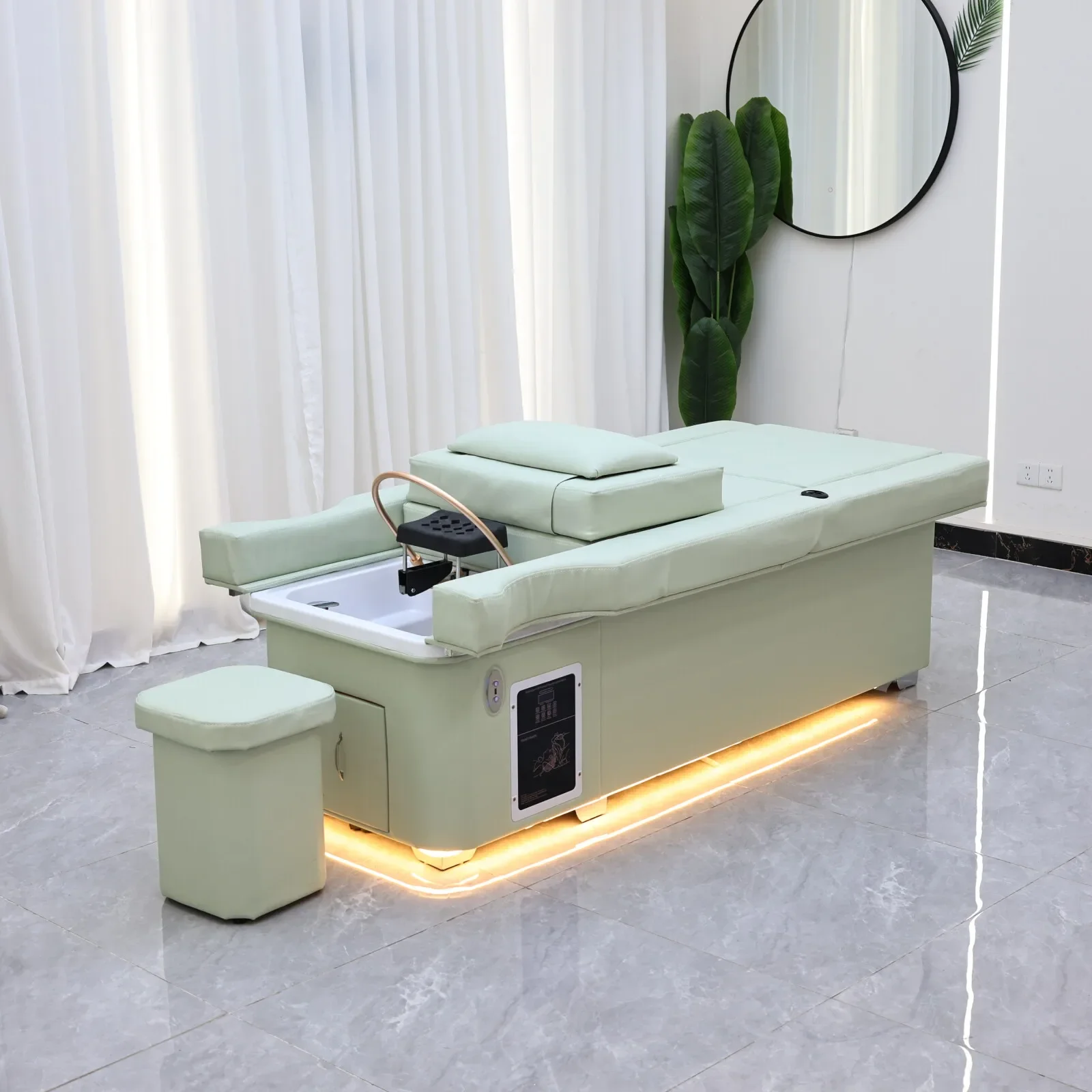 Elektrisches Shampoo-Liegebett in Erdtönen mit Massagefunktion – All-in-One-Salonstation mit Begasung, Fußbad und Haarwaschbecken – Detail 9