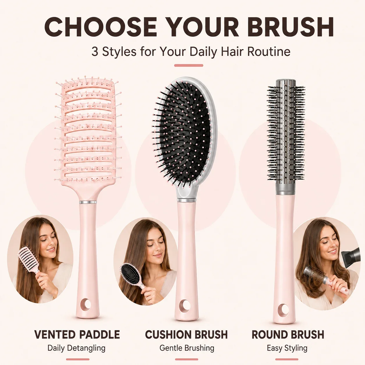 Pink Hair Brush 3 Styles Vented Paddle Cushion Round Brush Detangling Smoothing Styling Hair Comb for Women Daily Hair Care