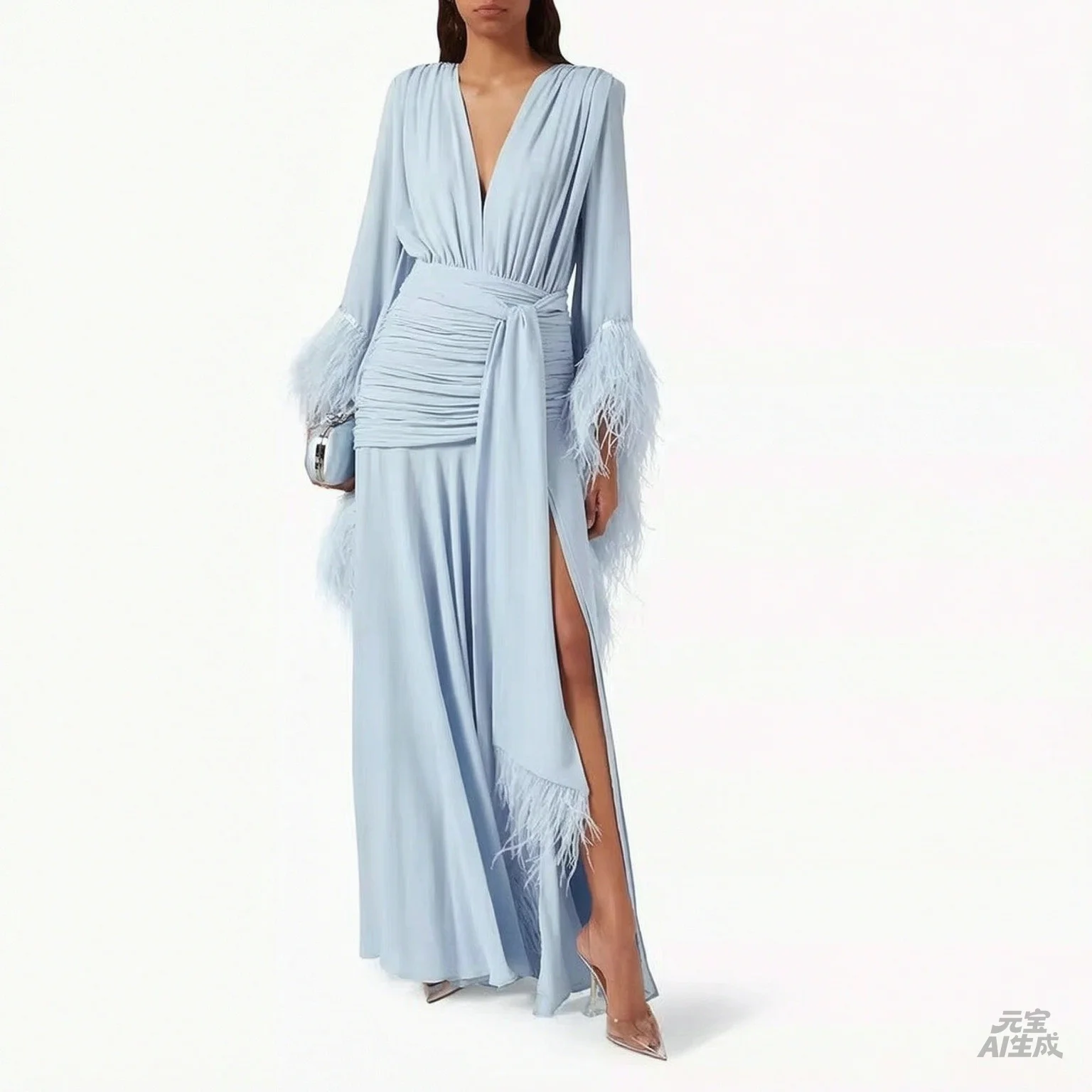 Customized V-Neck Side High Slit A-Line Prom Dresses Long Sleeve Elegant Evening Gowns Cascading Ruffle Party Dresses 2026 view 4