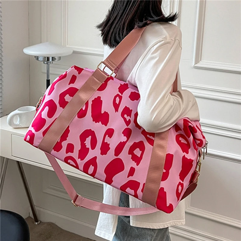 Bolso de viaje con estampado de leopardo para mujer, bolsa Oxford grande, de mano, de gimnasio, de fin de semana, color rosa, a la moda, novedad de