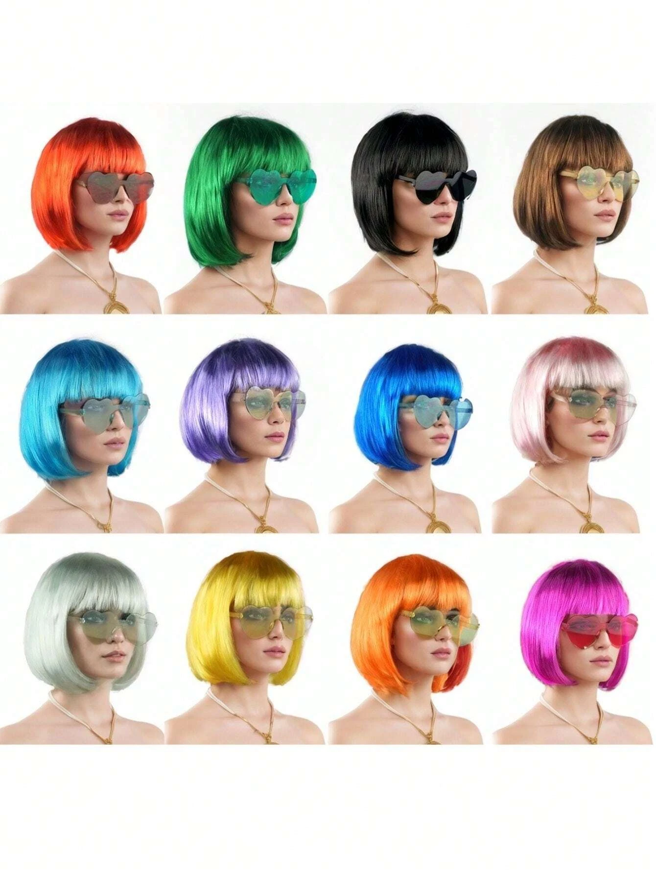 Halloween Party Prop Colorful Short Straight Bobo Wig, Funny & Novelty, With Free Frameless Heart-Shaped Sunglasses image 3