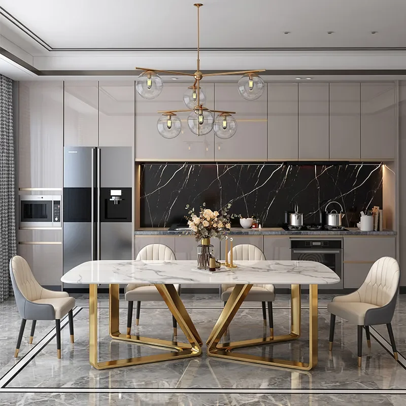 Modern Simple Marble Dining Table for Small Apartments Rectangular Restaurant Table Light Luxury Stainless Steel Gold-Plated