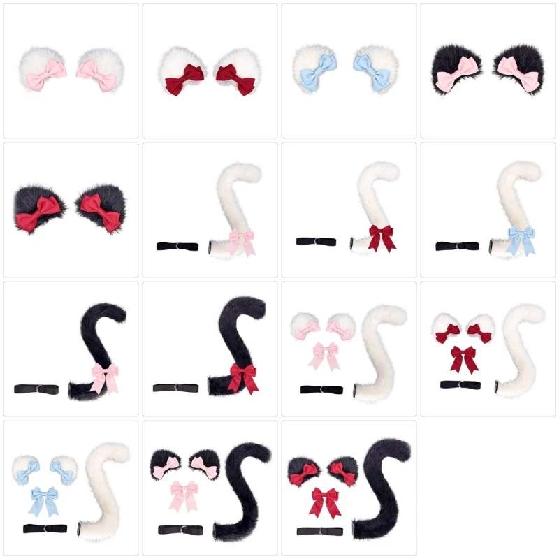 Furry Kitten Ears Halloween Animal Ears Tail Bowtie Catgirl Costume Accessories for Women Halloween Masquerade Role Play