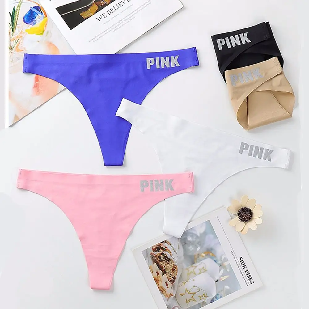 

Korean Thin Low-Waist Elastic Cotton Crotch Sweet Letter Seamless Briefs Sports Thong Women Intimates Ice Silk Panties