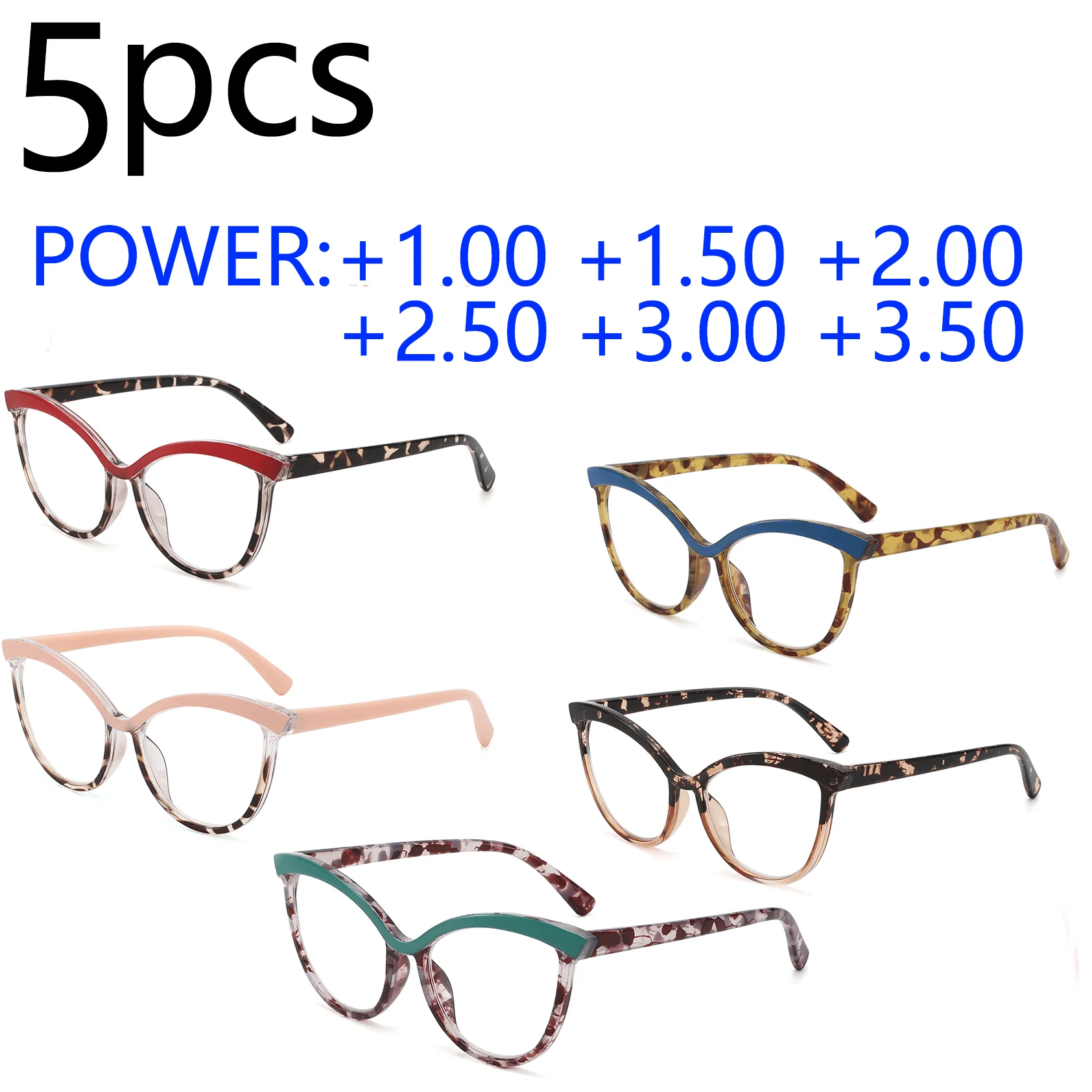 Очки для чтения с цветными блоками, 5 шт.: стильные негабаритные оправы, металлические петли для стабильности, мощность 1,00-3,50