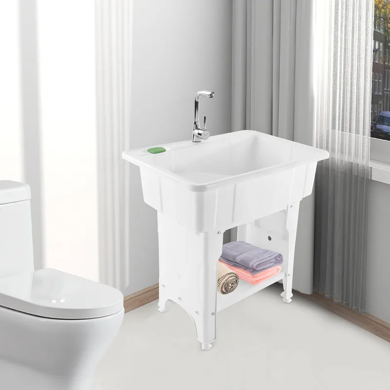 Freestanding Laundry Tub Spacious Utility Wash Sink w/ Faucet & Storage for Laundry Room