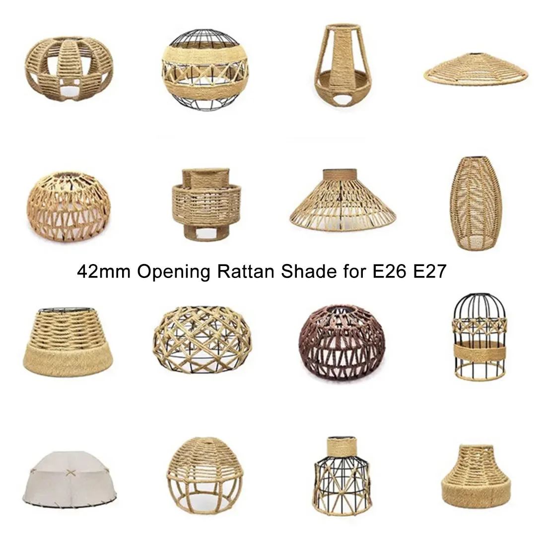 ヴィンテージ42mm開口部ラタンランプシェード交換用、e26-e27ネジ式ホルダー対応、アンティーク麻縄ライトカバー、レストラン・バー用