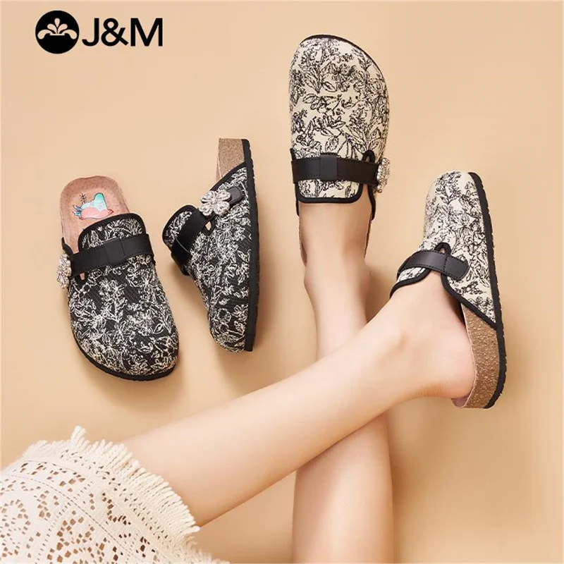 J&M Women Slides Fashion Flower Mules Slippers Clogs Cork Insole Sandals with Arch Support Outdoor Beach Slides Home Shoes