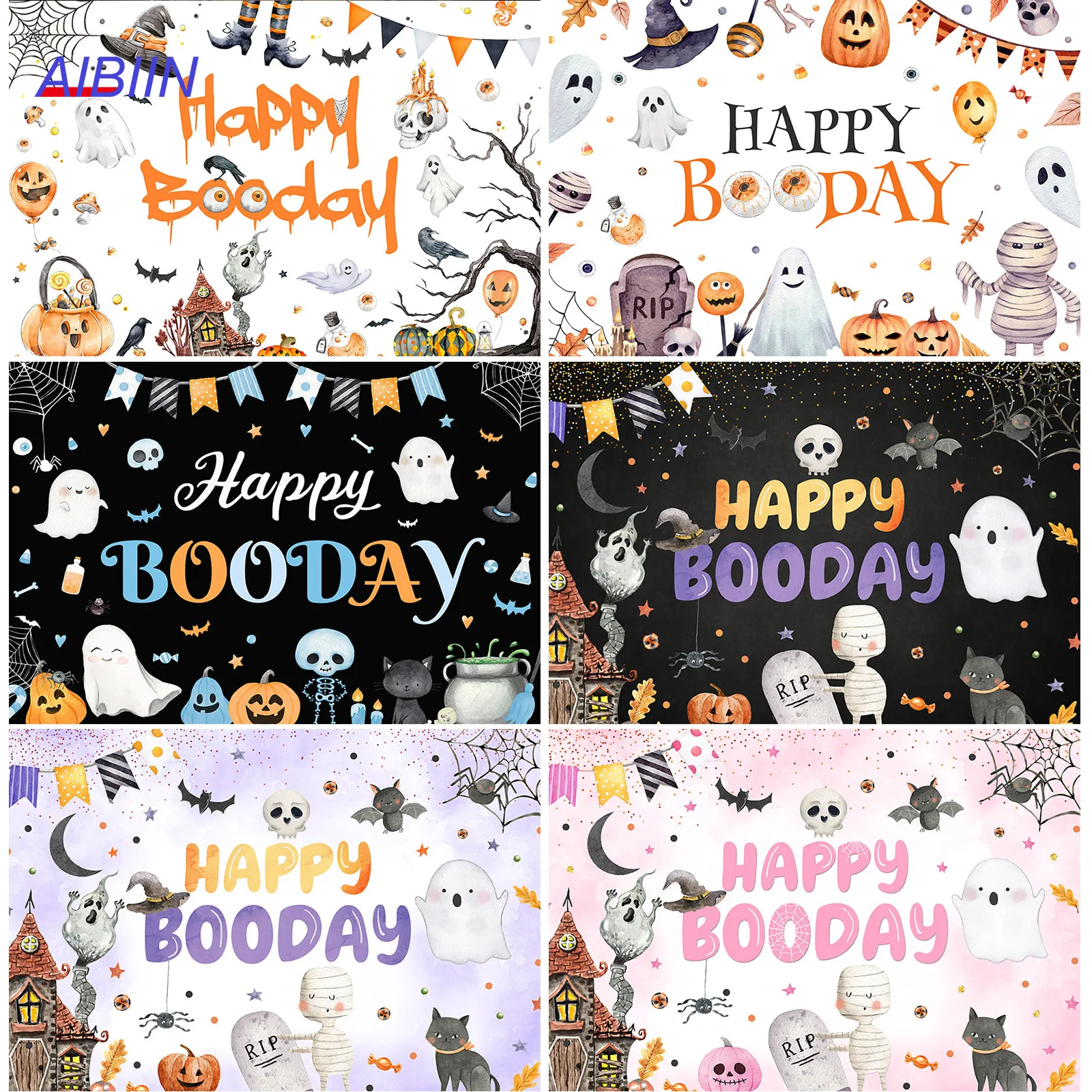 Halloween Happy Booday Backdrop Pumpkin Cute Ghost Spirit Pumpkin Spider Web Birthday Party Decor Boy Girl Photozone Background