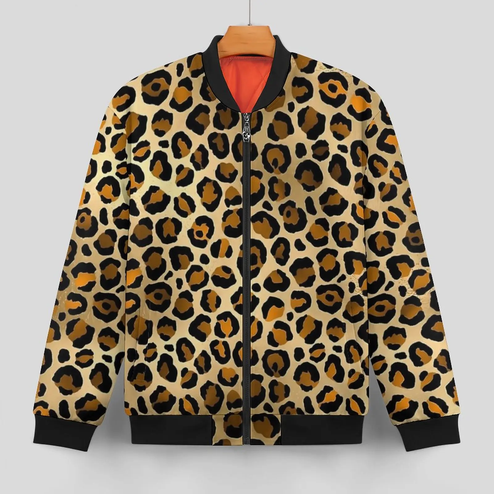 Orange Leopard Print Jackets Autumn  Modern Casual Coats Mens Zipper Loose Windbreakers Custom Oversized Jacket