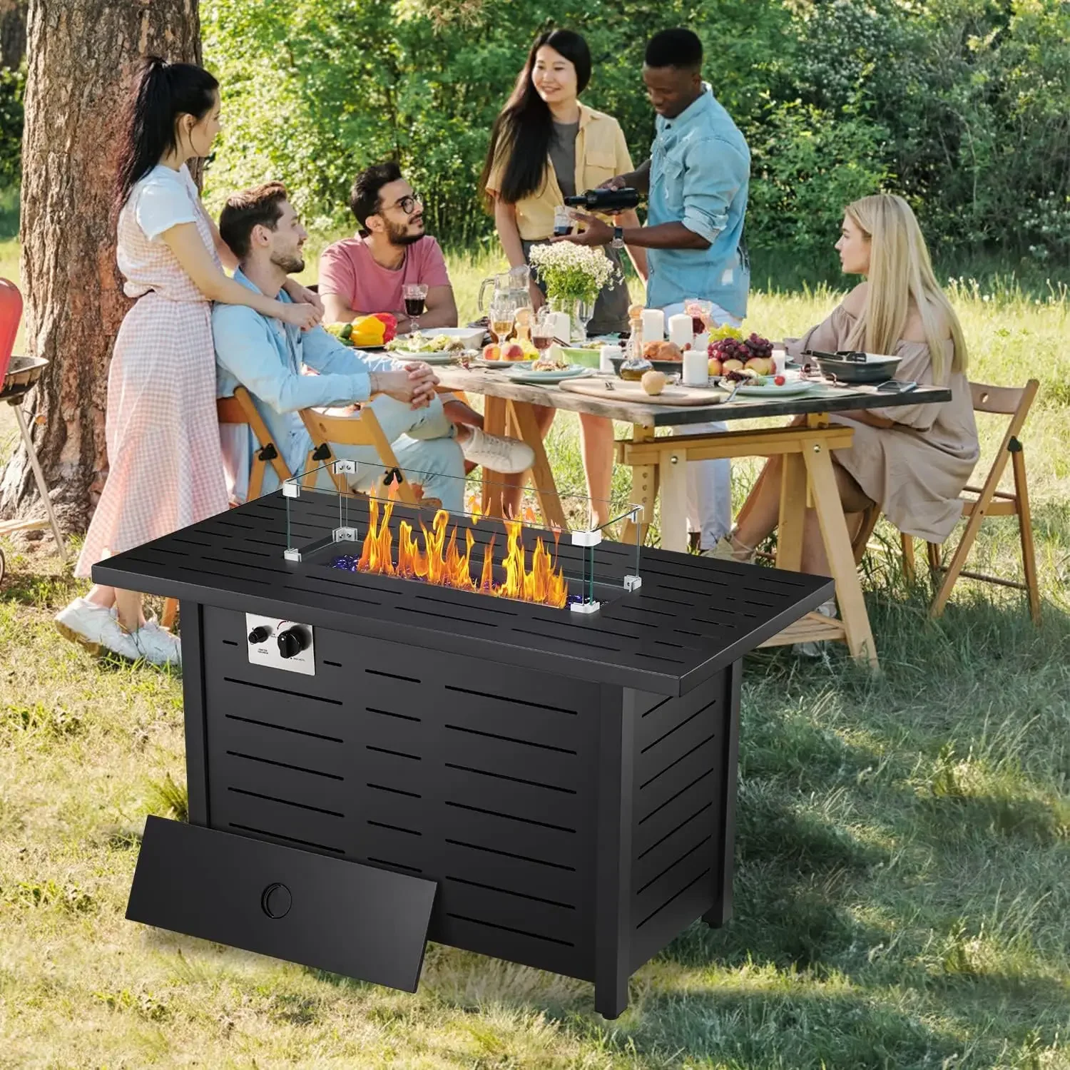 R.W.FLAME 43"Fire Pit Table,Propane Fire Pit Table with Blue Glass Rocks and Tempered Glass Wind Guard.Outdoor Fire Pit with Lid