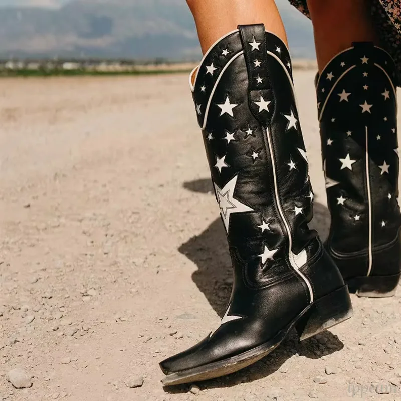 Leather Cowboy Boots Mid Calf Five-pointed Star Black Embroidery Western Cowgirls Boots Women Shoes