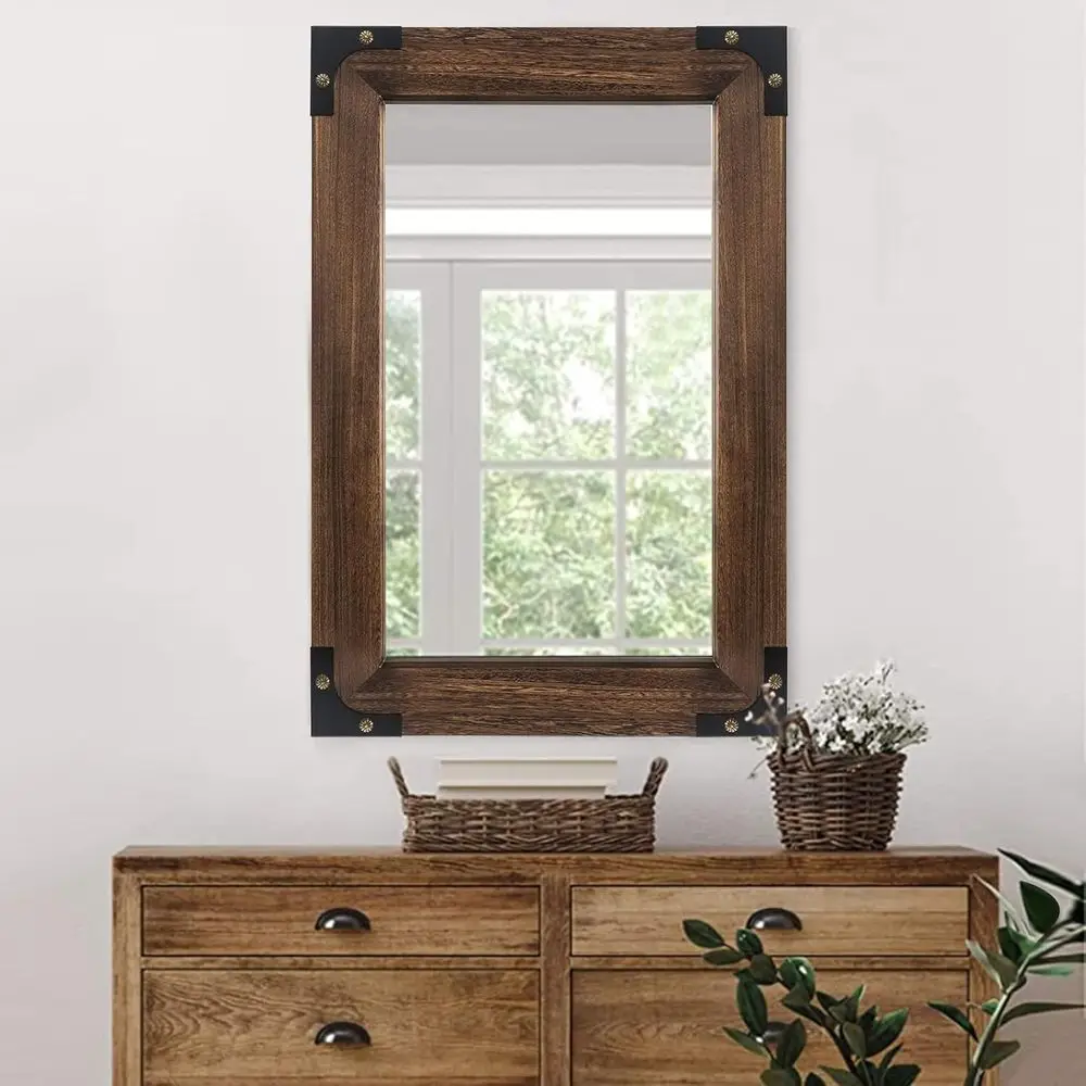 

20x28 Inch Wall-Mounted Vanity Mirror, Rustic Wooden Frame, Suitable for Bathroom and Living Room Decor