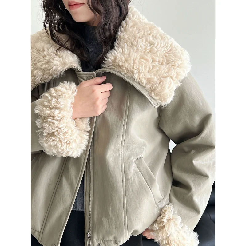 Large Collar Imitation Lamb Wool Patchwork PU Short Jacket for Women Loose Casual Down Lining Warm Fake Leather Jacket Winter