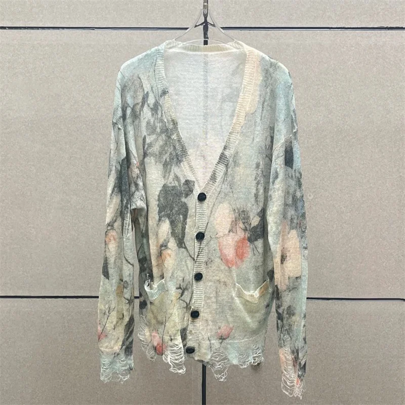 

Cardigan for women New elastic knitted V-neck long sleeved top for autumn 2025 Printed slim women's sweater 100% linen Knitwear