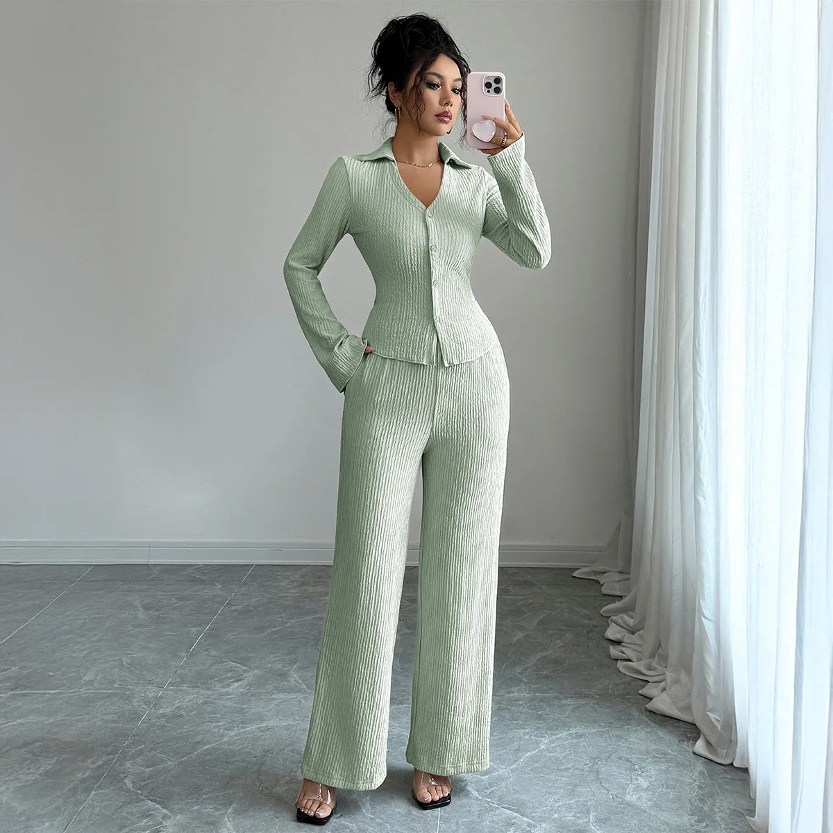 

Temperament Elegant Button-up Shirt Wide-leg Pants Set Solid Color 2 Pieces Set For Woman Trendy Slim Simple Style Commuting