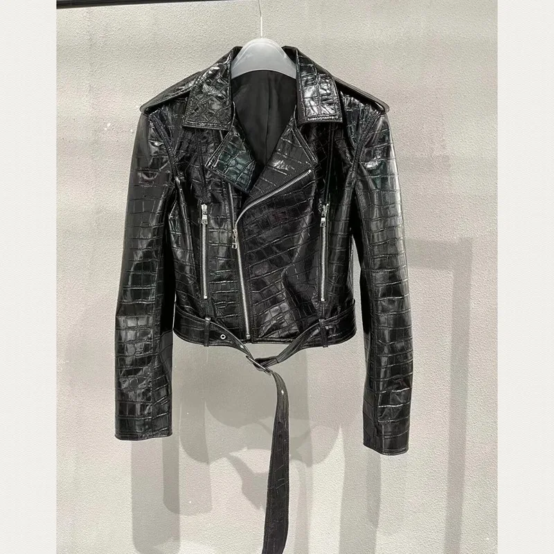 Genuine Leather Motorcycle Jackets For Women 2024 New Fashion Streetwear Short Zipper Women Belt Slim Real Sheepskin Jackets