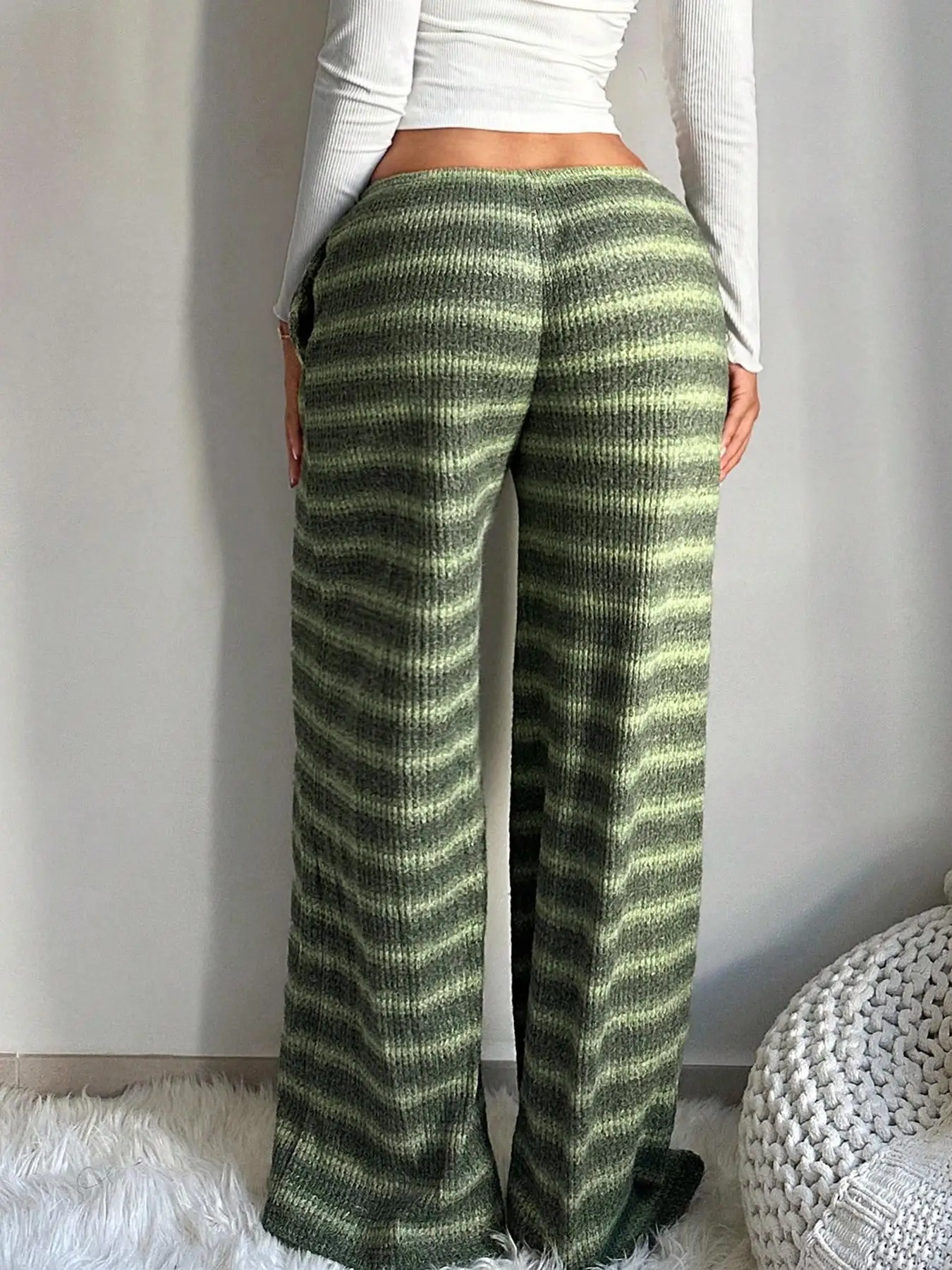 Women's Striped Wide Leg Pants Spring Drawstring Waist Knit Texture Pockets Long Pants Casual Loungewear & Streetwear Outfit