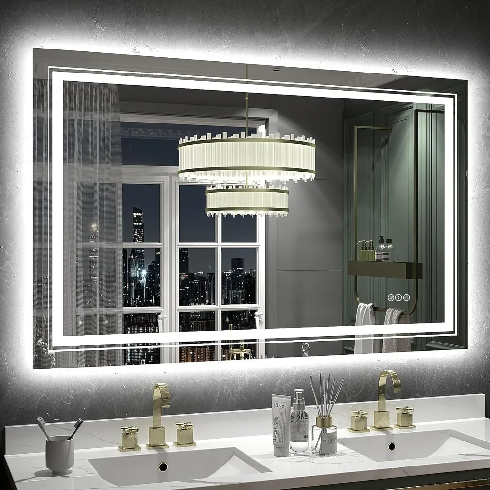 Lighted Bathroom Mirror with Lights, 48x30 Front and Backlit Bathroom LED Mirror for Vanity, Dimmable Anti-Fog LED Wall Mirror