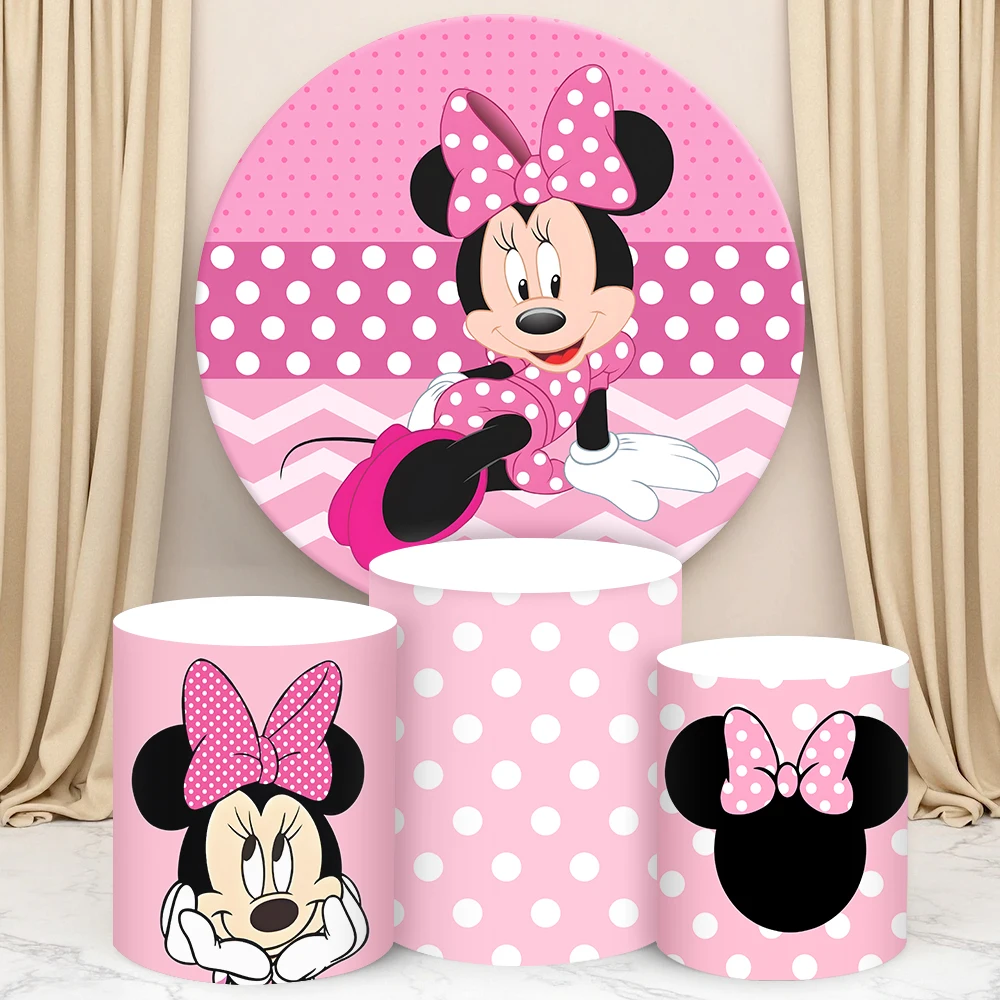 

Pink Minnie Round Cylinder Backdrop Cover Disney Girl Birthday Decoration BabyShower Photograph Background Cylinder Cake Cover