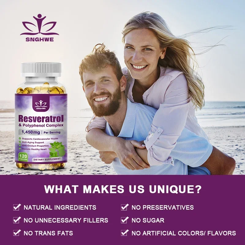 Suplemento cápsula de resveratrol, vitamina C, salud de la piel, antioxidante, apoya la salud general y el metabolismo,