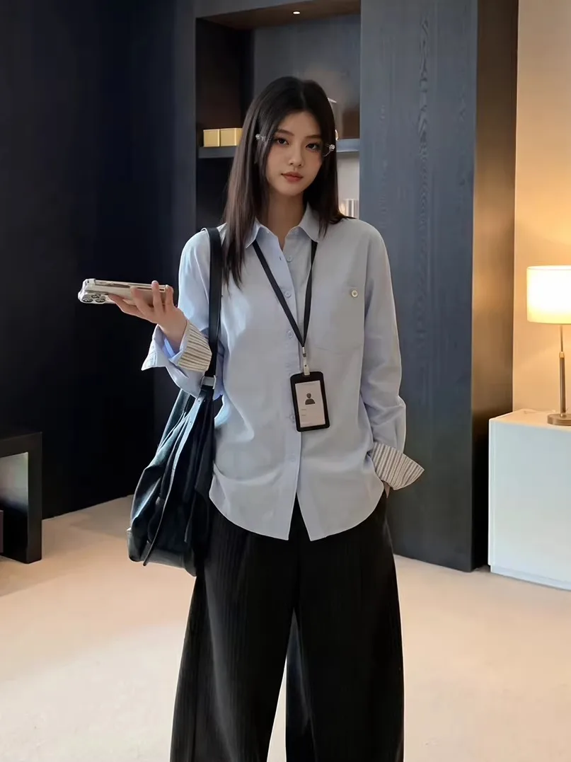 

Casual Loose Women's Long Sleeve Shirt Spring 2026 New Style Korean Version Striped Patchwork Design Breathable Comfortable O...