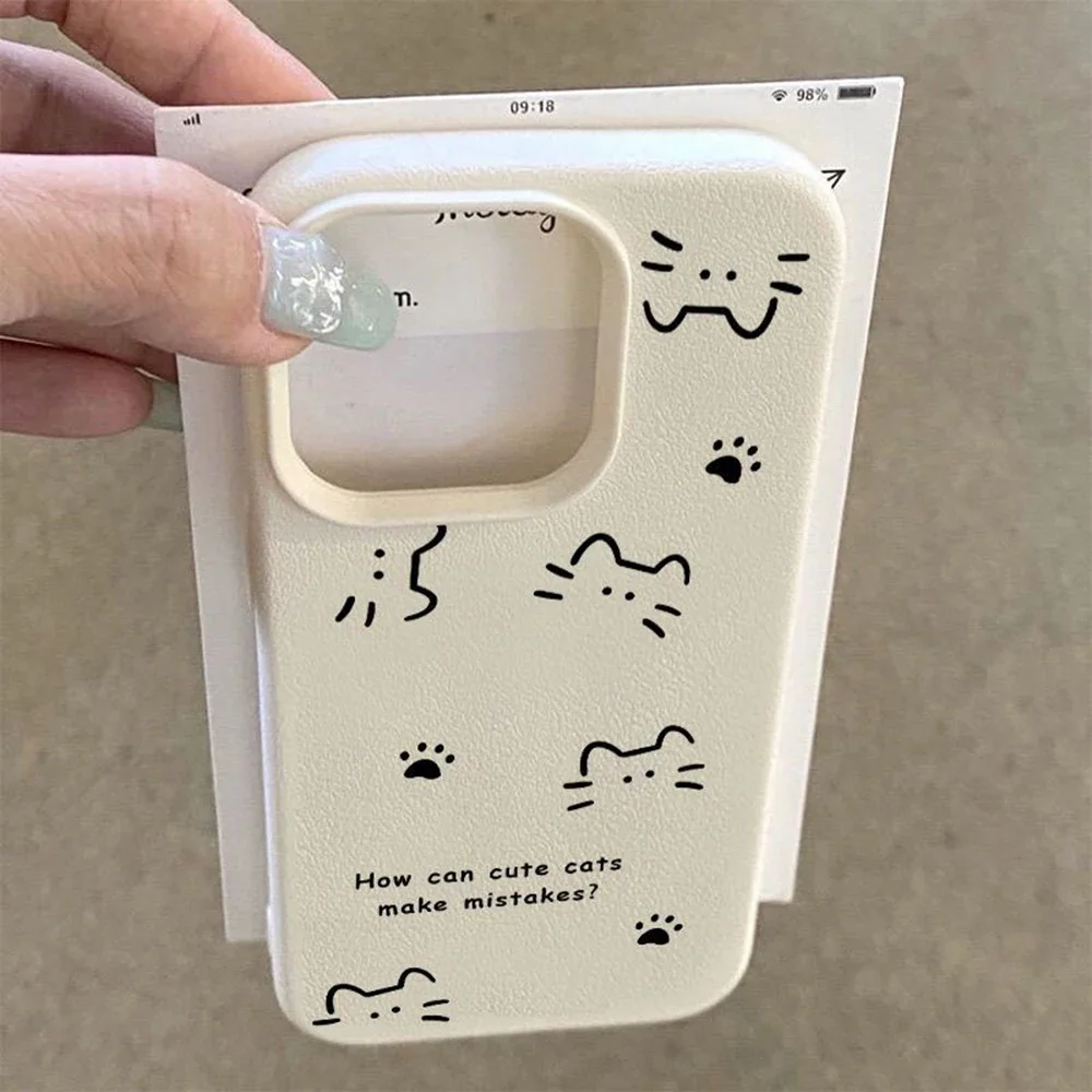 Lines Cute Cat Phone Case For iPhone 13 Case iPhone 11 15 12 14 16 Pro Max 15 16 Plus Shockproof Bumper Soft Leather Cover Funda