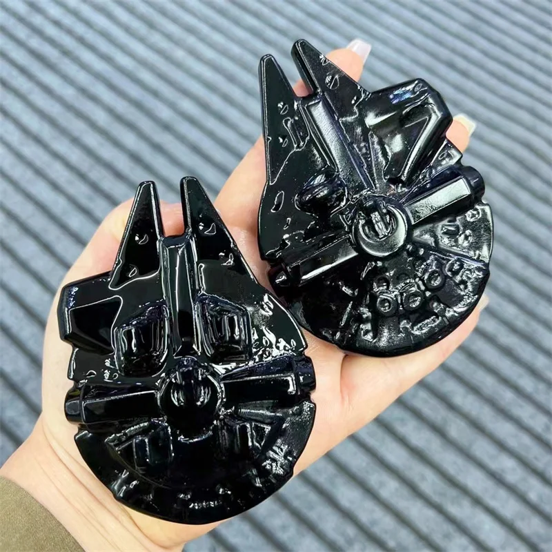 10CM Natural Black Obsidian Airship Carving Healing Healthy Children Toy Fashion Home Decoration Gift 1pcs