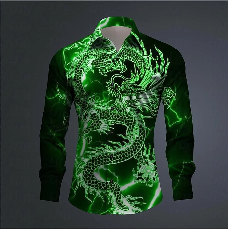 Hawajska męska koszulka z nadrukiem 3D Dragon Print zwijana koszula zapinana na guziki Outdoor Street odzież z długim rękawem moda na co dzień w stylu plażowym