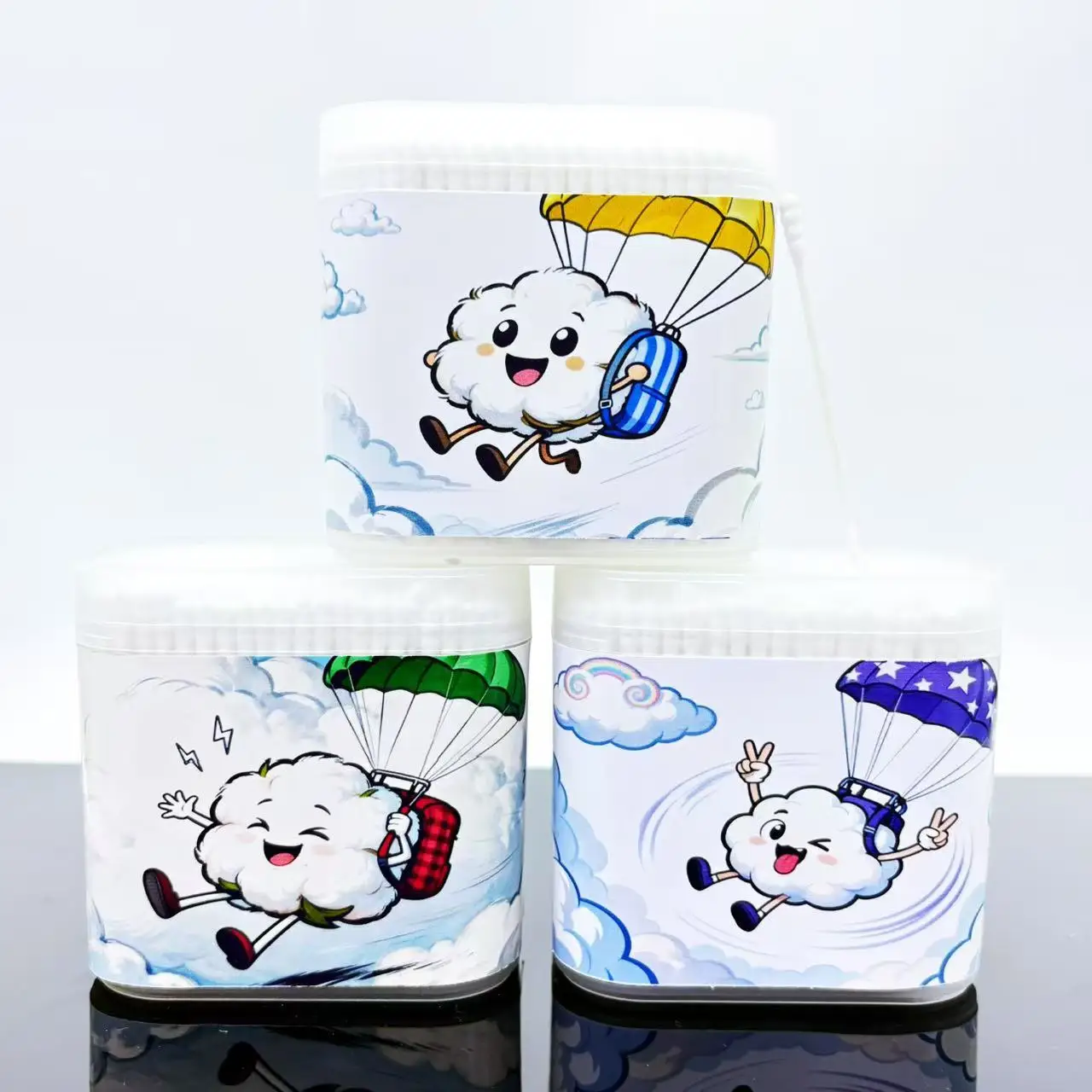 1200 Uds. Hisopos de algodón estimulantes con temática deportiva, hisopos de algodón blancos en forma de paracaídas, palos de hisopo de algodón con cuchara de doble cabeza