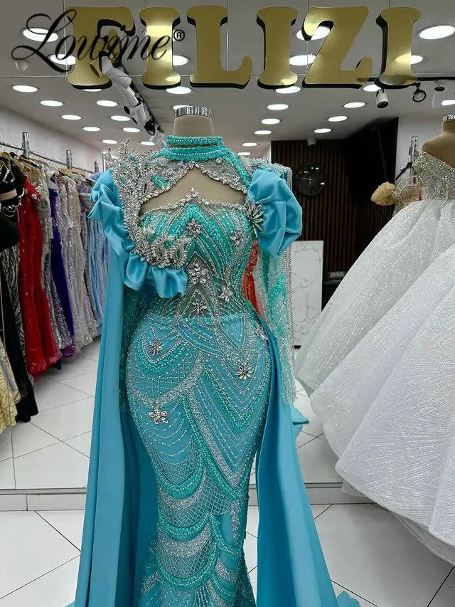 

Arabic Blue Long Sleeves Mermaid Evening Dresses with Shoulder Cape Customized Elegant Formal Wedding Party Gowns for Women