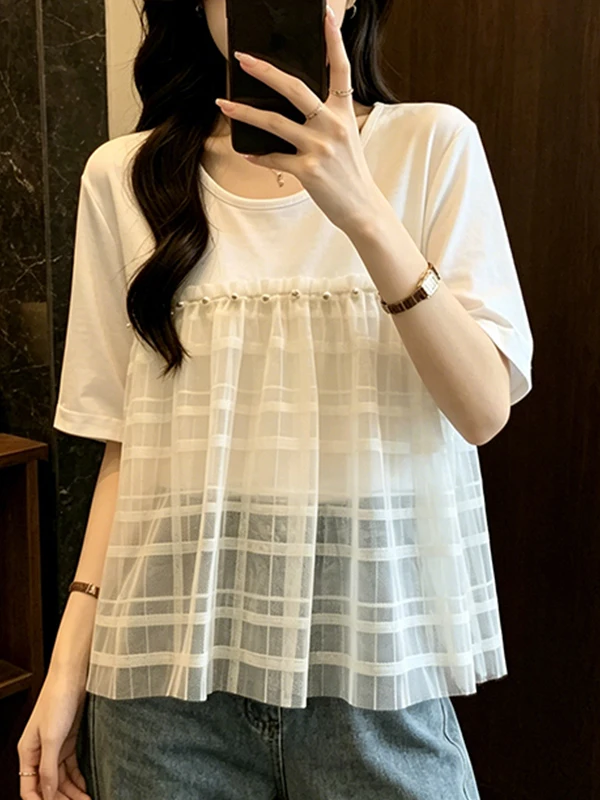 

Summer Casual Loose Women's T-shirt Lace Splicing Short Sleeve Pearl Embroidery Large Size Breathable Comfortable Belly Cover...