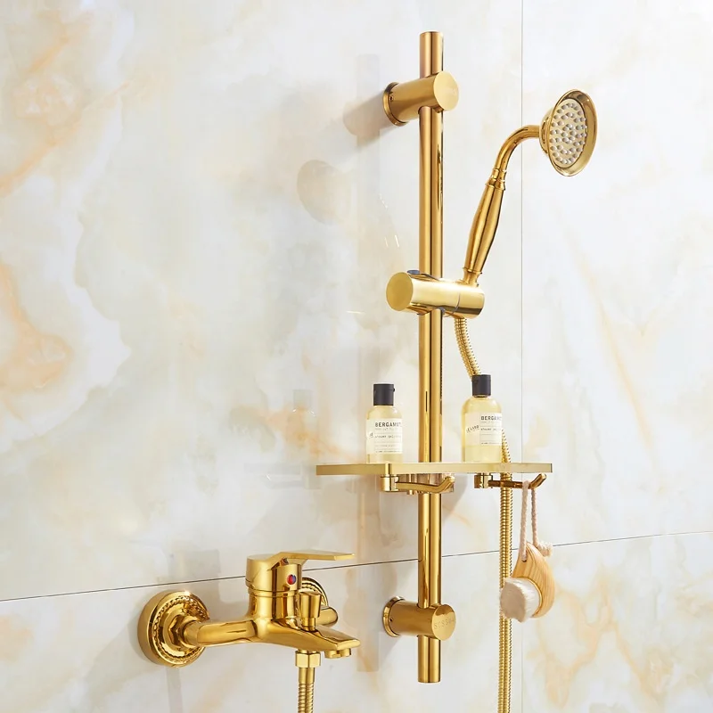 Gold Bathroom Shower Faucet Set Brass Gold Hot and Cold Bathroom Rainfall Shower Faucet Wall Mounted Bath and Shower Faucet Set