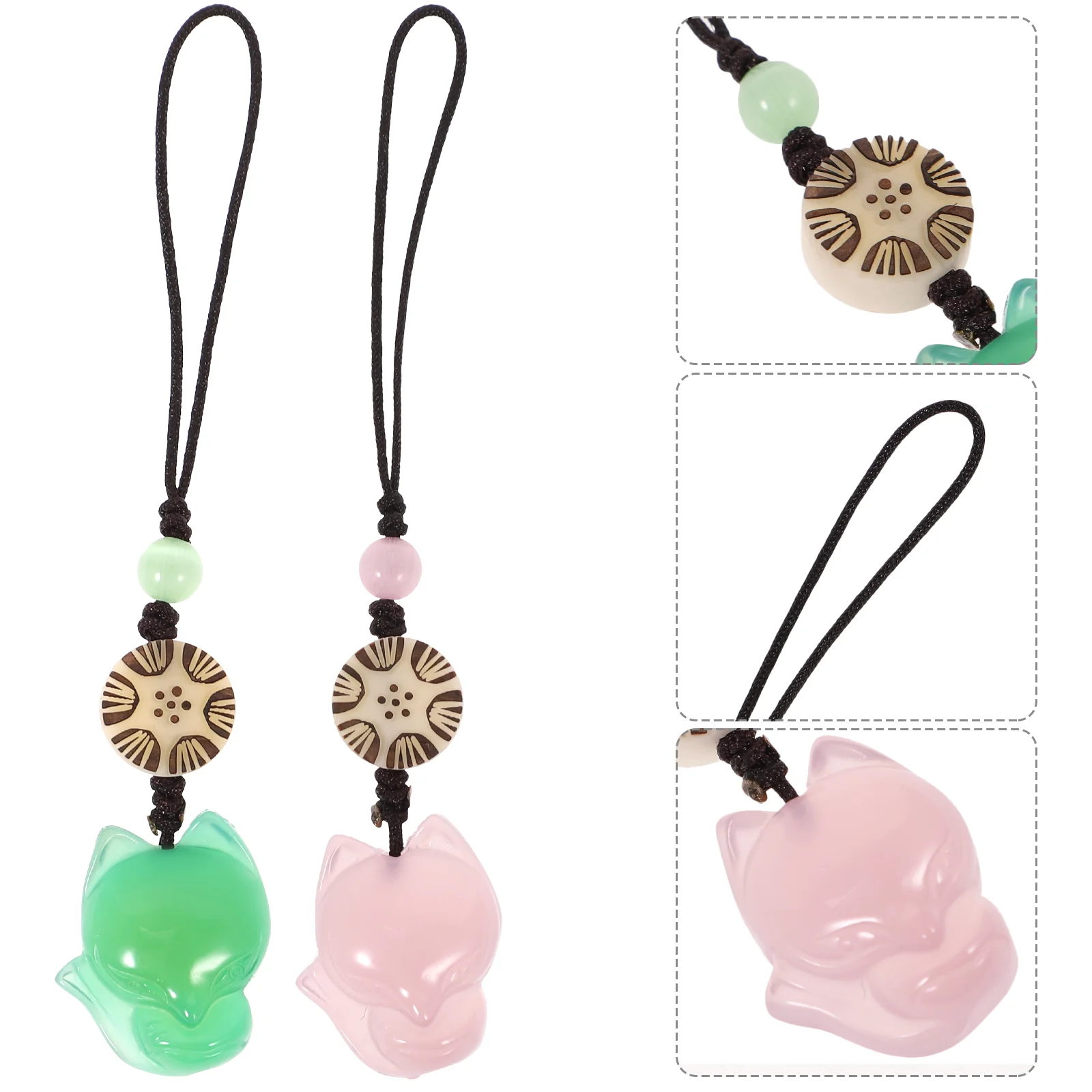 

2 Pcs Mobile Phone Strap Jade Fox Pendant Man Decorations Emerald Necklace Nylon Rope Charms Case Pendants