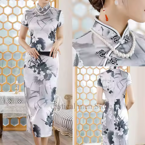 Big Size 3Xl 4Xl Cheongsam Improved Print Satin Chinese Style Dress Women Elegant Banquet Gown Evening Party Dress Long Qipao