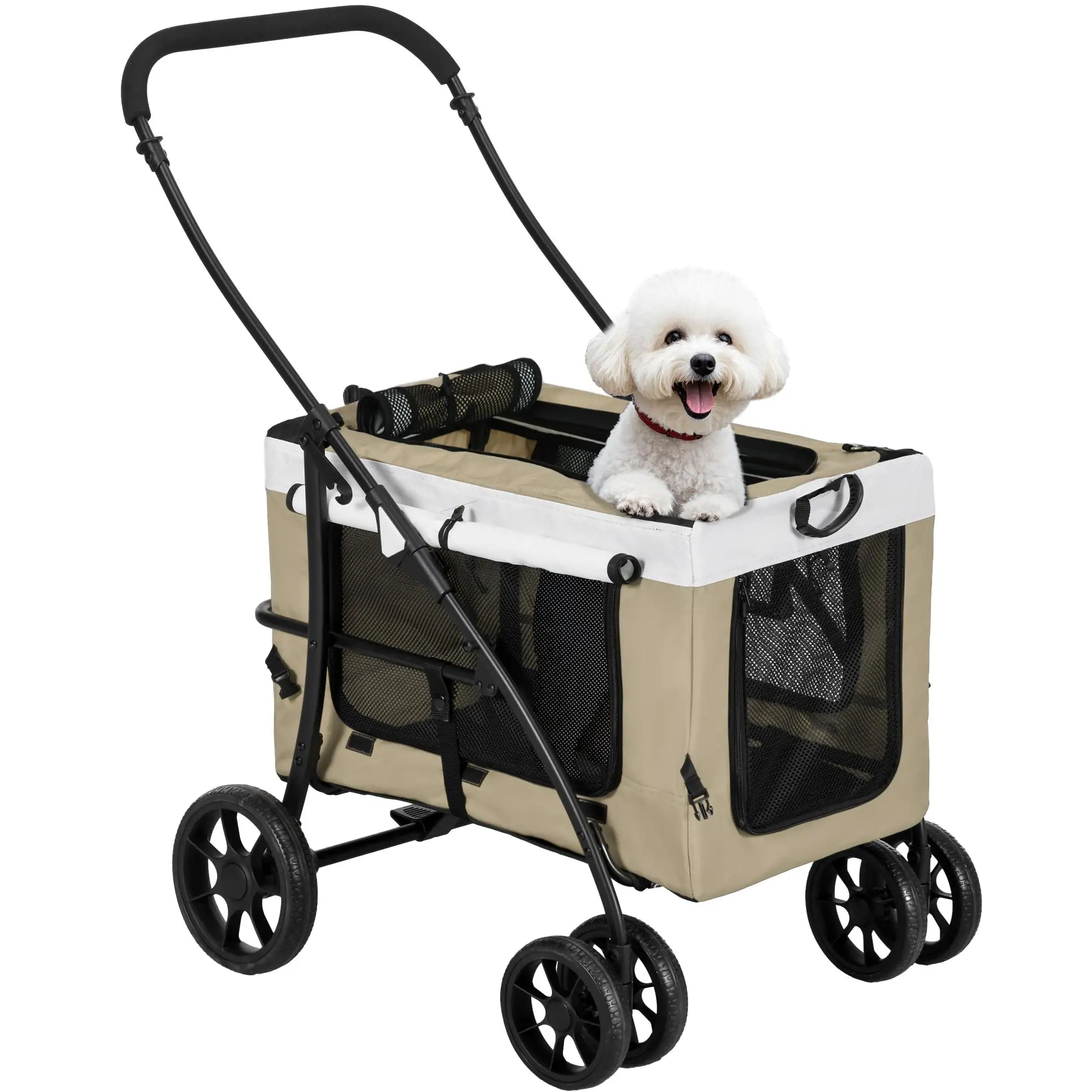 Poussette pliable pour chien avec transporteur pour chat amovible, 4 portes à fermeture éclair, 2 ceintures de sécurité, kaki, pour petits chiens jusqu'à 10 kg