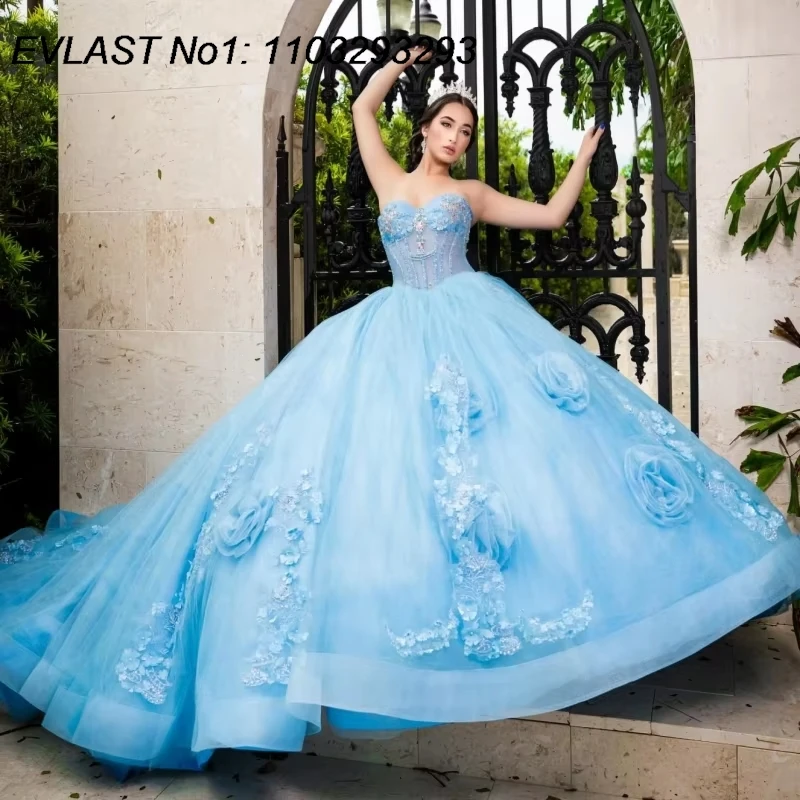 

EVLAST Customized Shiny Sky Blue Ball Gown Quinceanera Dress Floral Applique Crystal Beaded Sweet 16 Vestidos De 15 Anos E1QN133