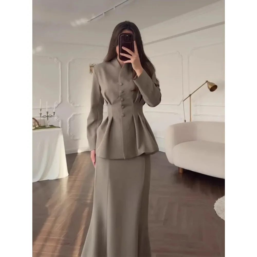 

Женские комплекты юбок из двух предметов, облегающие однотонные пальто с длинным рукавом и v-образным вырезом, узкая талия, пуговицы, элегантные офисные женские пальто, весна 2025 г.