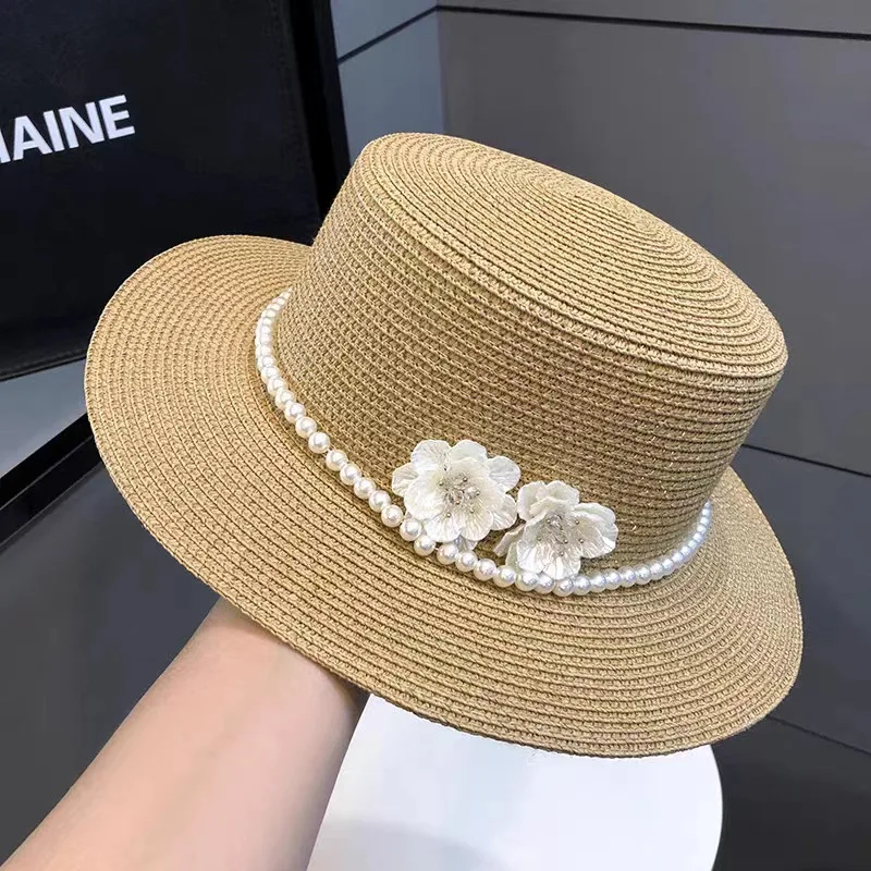 Women floral straw hat beach hat French bow straw fedora hat flat top hat sun hat solid Flat bucket hat basin hat summer caps