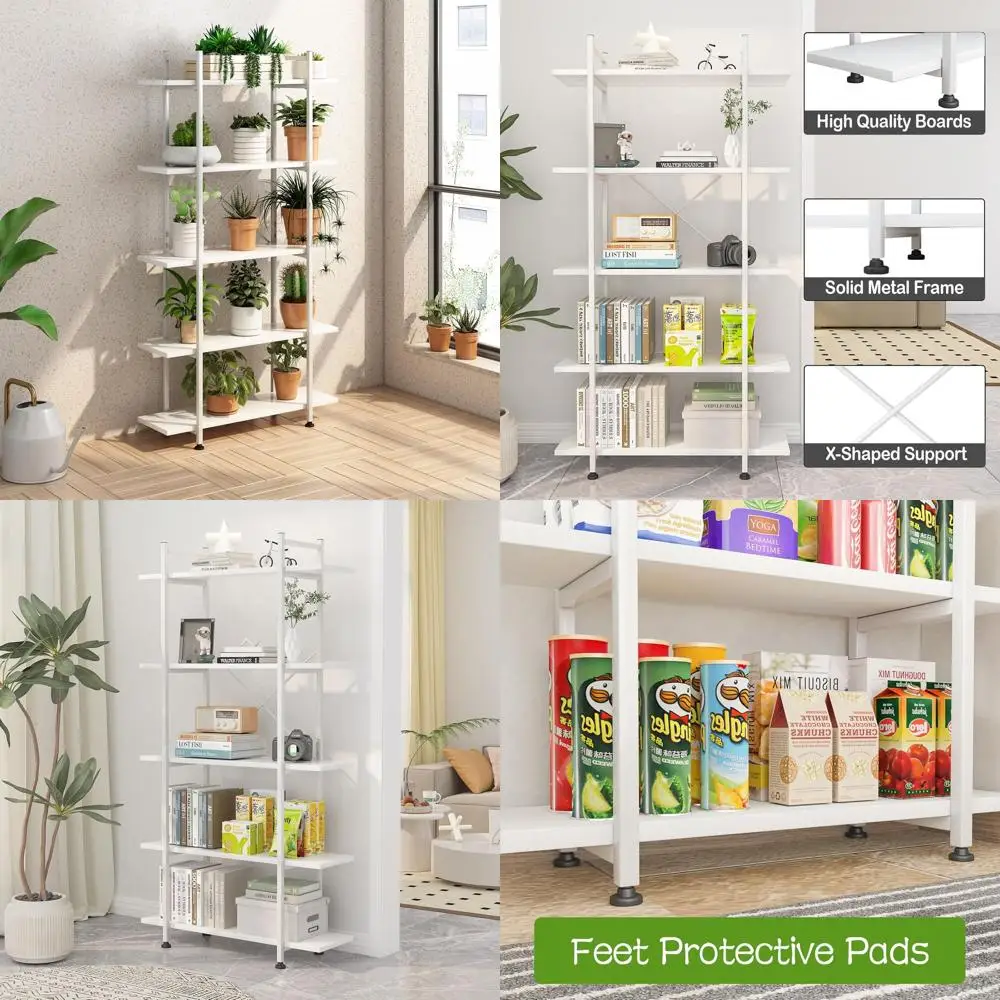 

5-уровневый белый деревянный книжный шкаф с металлическим каркасом, современное открытое хранилище для книг и домашнего офиса