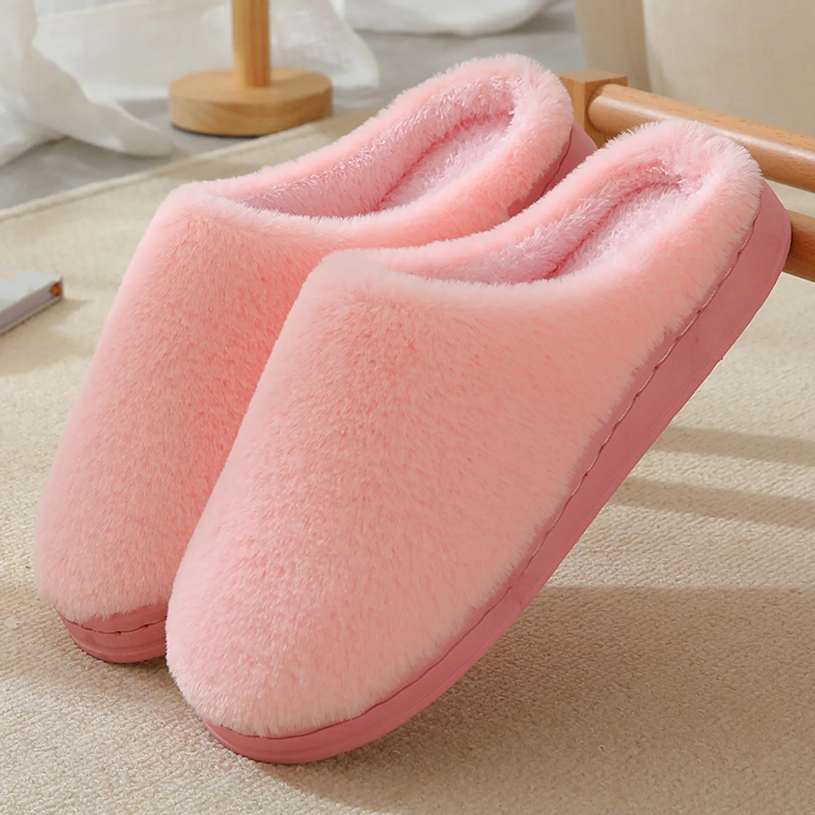 Men Winter Home Fur Slippers Women Warm Living Room Flurry Cotton Shoes Non Slip Thermal Mules Slides Indoor Floor Shoes