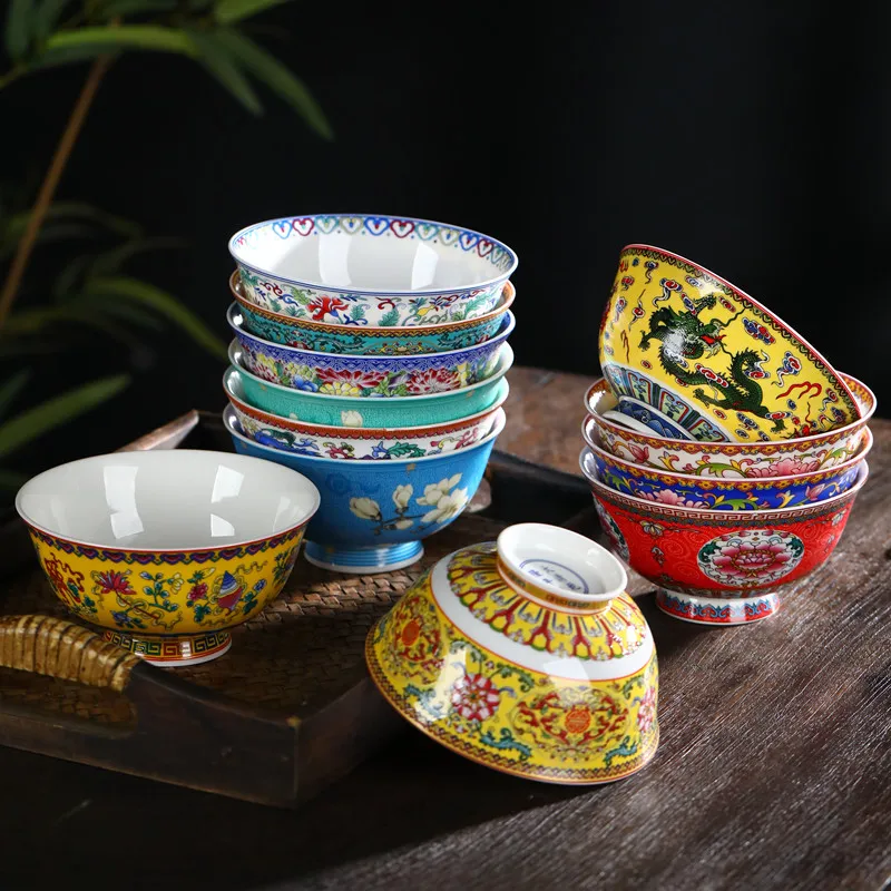 2023 New Chinese Style Ceramic Bowl Enamel Colored Rice Bowl Kitchen Dish Set Bone Porcelain Household Bowl salad bowl set