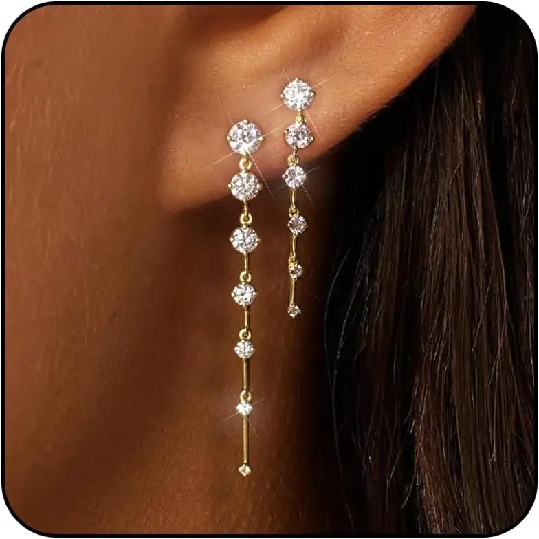 

Gold Plated Dangle Earrings for Women, Trendy Long Drop Silver Crystal Jewelry Gift
