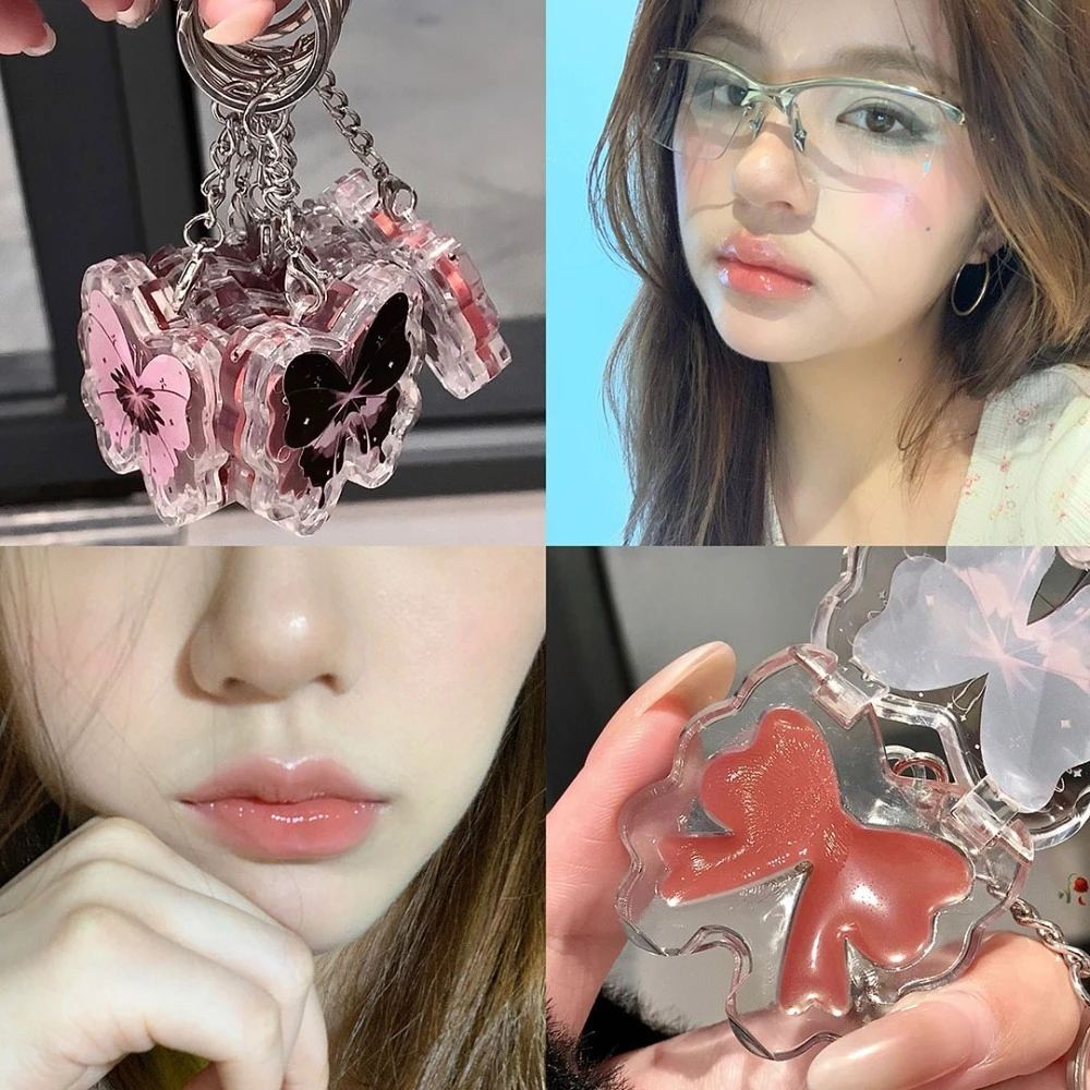 ملمع شفاه صلب على شكل فراشة، لمسة نهائية مرطبة بإضاءة مائية مع سلسلة مفاتيح، مرطب شفاه محمول، تصميم جميل لطيف #2