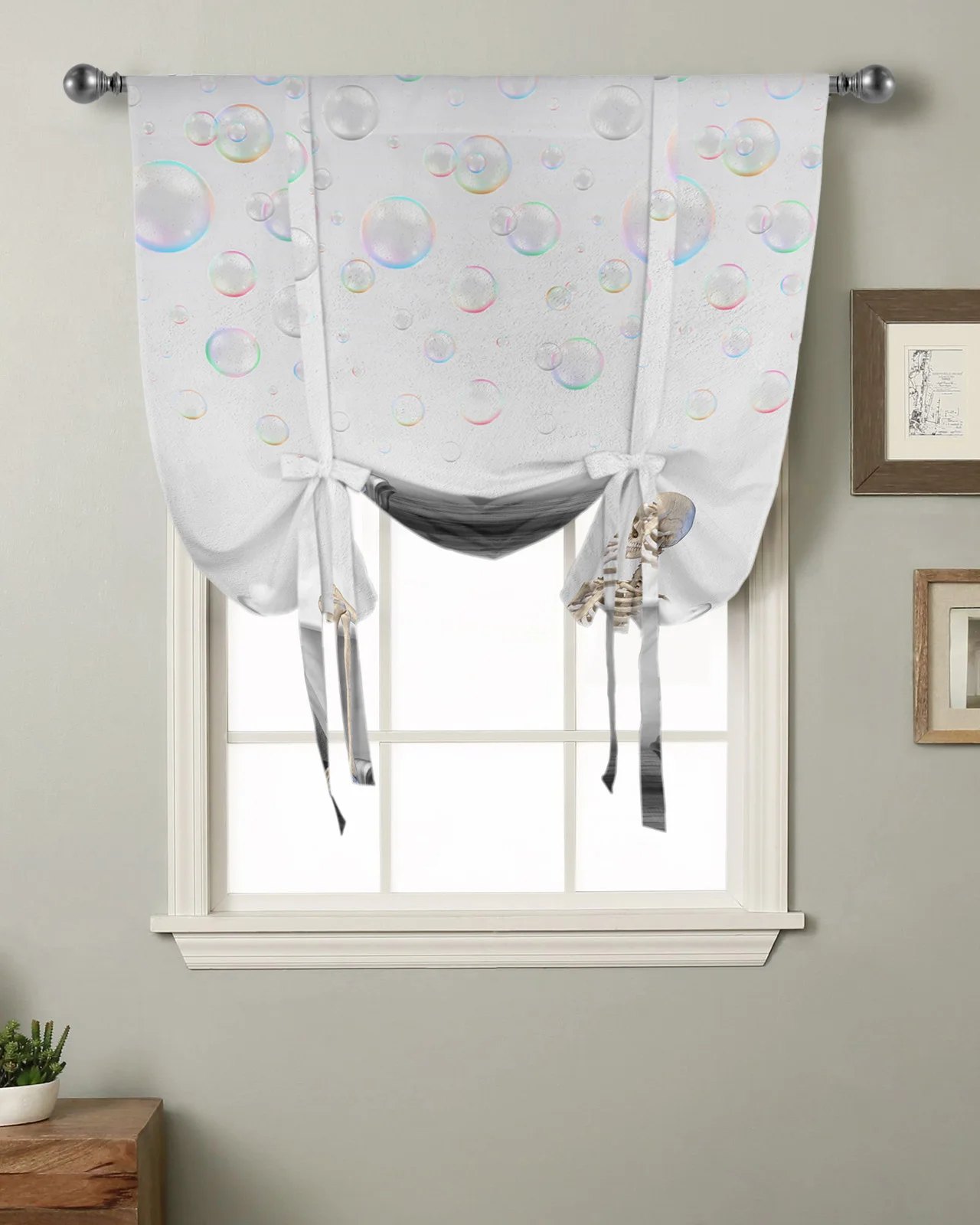 Abstract Funny Bathtub Skeleton Bubble Kitchen Short Window Curtain Modern Home Decor Small Window Roman Tie Up Curtains