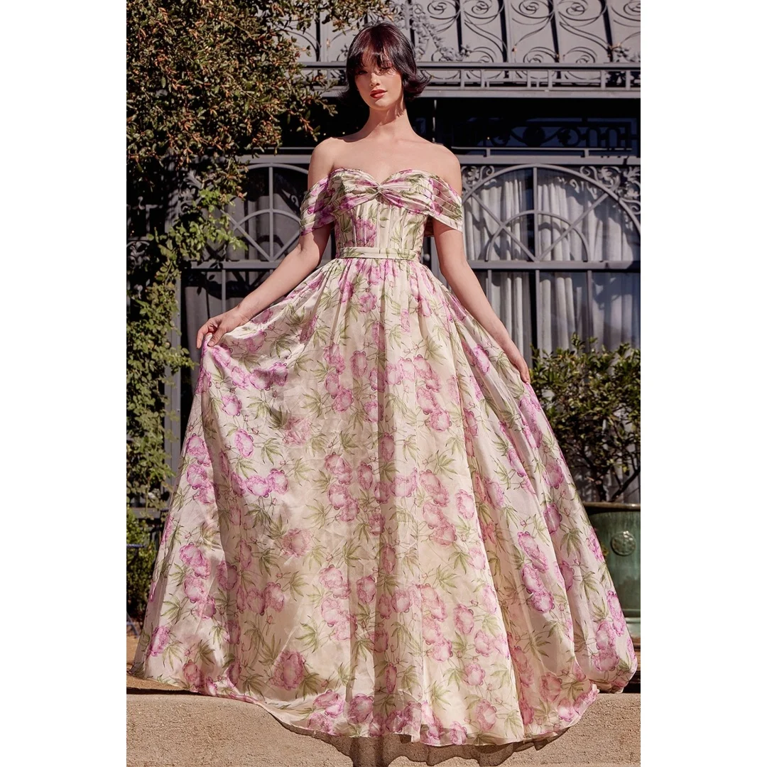 

Popular Floral Chiffon Off the Shoulder Prom Dresses Elegant Printed Sweetheart Pleats A-line vestidos de gala Chic Evening Gown