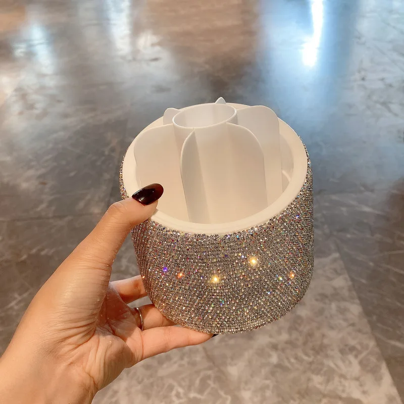 Diamond-Encrusted 360-Degree Rotating Makeup Brush Storage Bucket Large-Capacity Makeup Rack High-End Lipstick Case Organizer