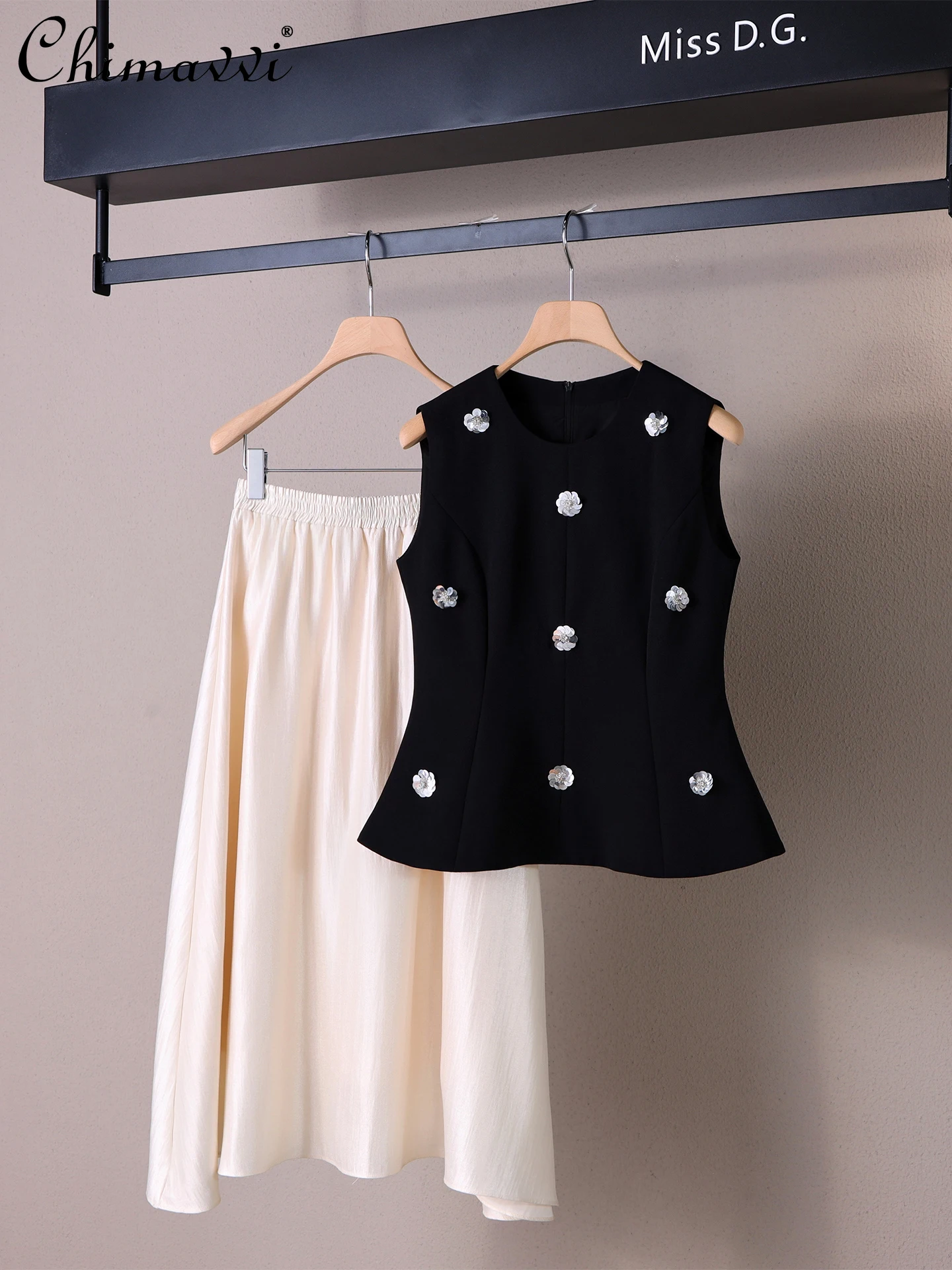 

Korean Style Elegant Fashion Heavy Industry Beading Sequin Sleeveless Tops High Waist A-line Mesh Long Skirt Two-piece Set Women