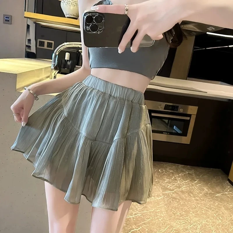 Sweet Shimmer Chiffon Mini Skirt Women Summer Solid Pleated Puffy Skirt Sexy High Waisted Preppy Style Lady Skirt New