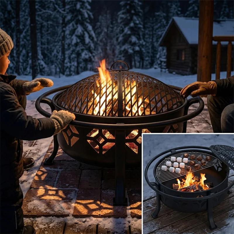 HYS Outdoor courtyard with grill net Bonfire basin Household camping Grill brazier Surrounding stove Tea making heating